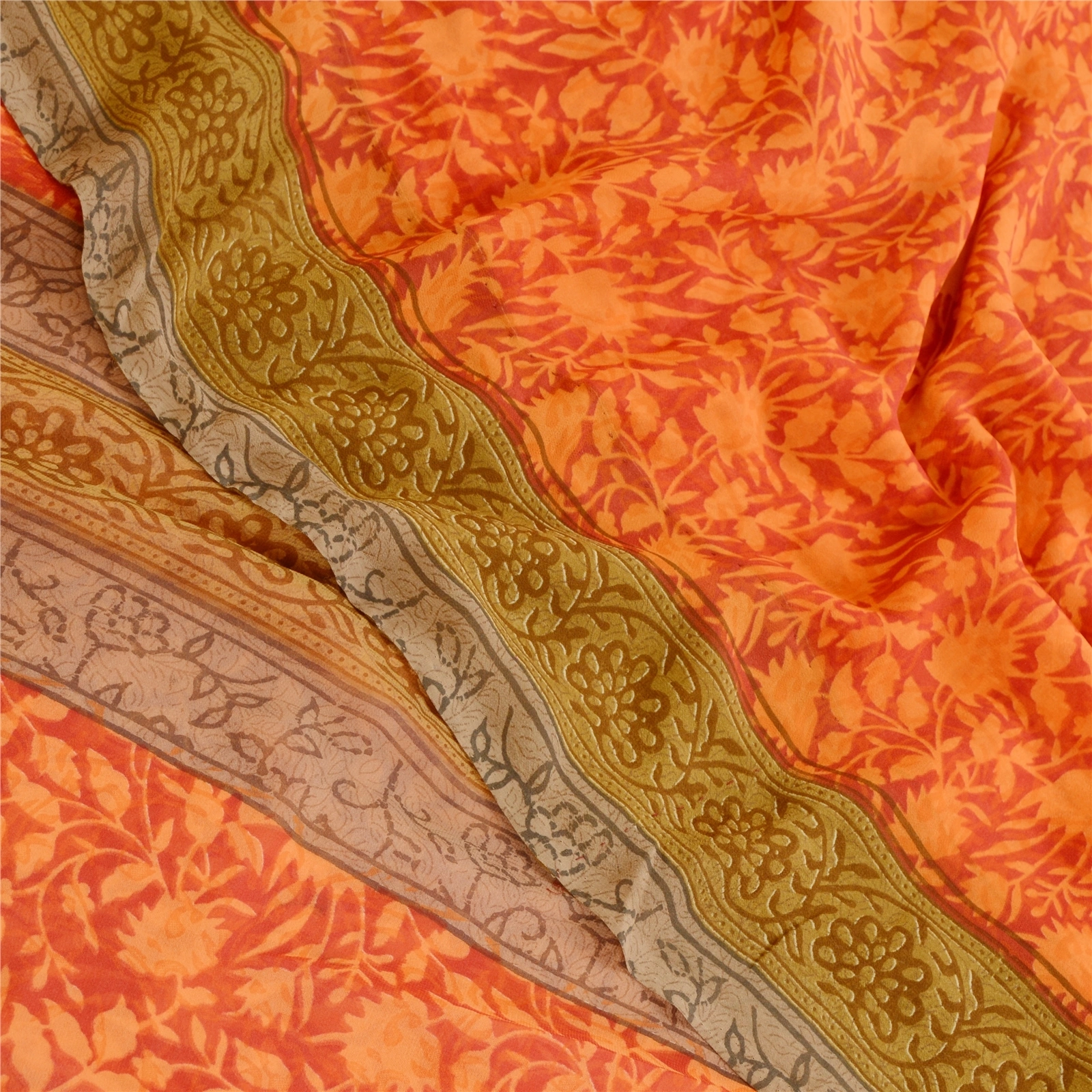 Sanskriti Vintage Orange Sarees Poly Georgette Silk Printed Sari Craft Fabric, PRG-11416-Orange-Printed Floral Design-Poly Georgette Silk-1