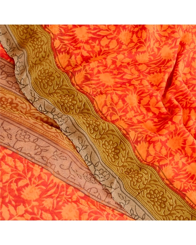 Sanskriti Vintage Orange Sarees Poly Georgette Silk Printed Sari Craft Fabric, PRG-11416-Orange-Printed Floral Design-Poly Georgette Silk-1