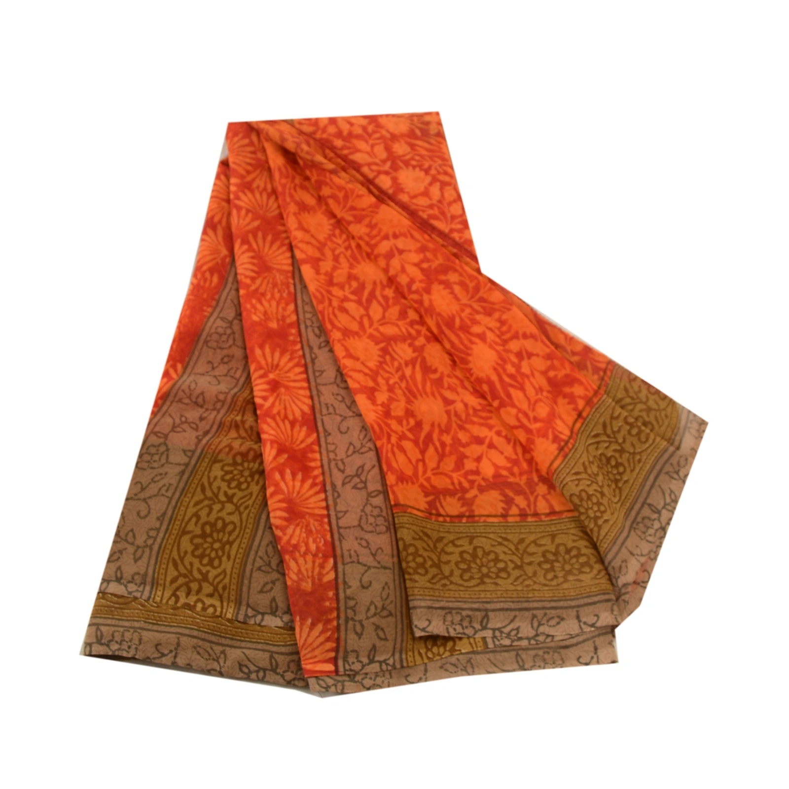 Sanskriti Vintage Orange Sarees Poly Georgette Silk Printed Sari Craft Fabric, PRG-11416-Orange-Printed Floral Design-Poly Georgette Silk-2