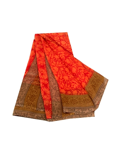 Sanskriti Vintage Orange Sarees Poly Georgette Silk Printed Sari Craft Fabric, PRG-11416-Orange-Printed Floral Design-Poly Georgette Silk-2