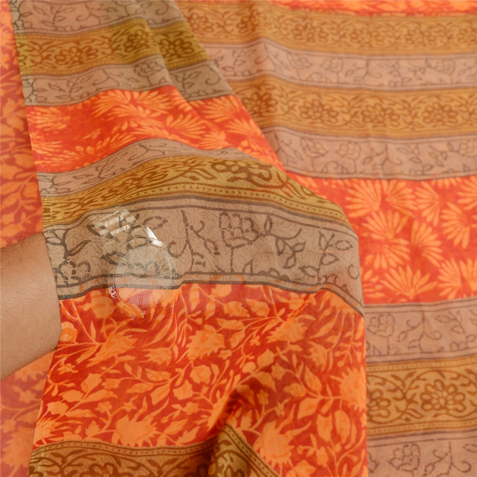 Sanskriti Vintage Orange Sarees Poly Georgette Silk Printed Sari Craft Fabric, PRG-11416-Orange-Printed Floral Design-Poly Georgette Silk-4