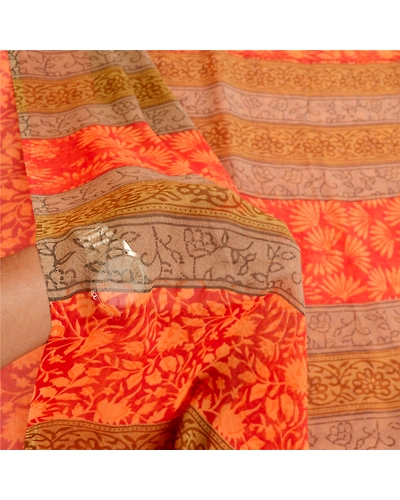 Sanskriti Vintage Orange Sarees Poly Georgette Silk Printed Sari Craft Fabric, PRG-11416-Orange-Printed Floral Design-Poly Georgette Silk-4