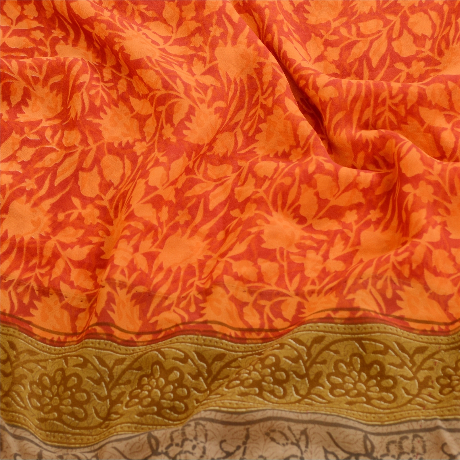 Sanskriti Vintage Orange Sarees Poly Georgette Silk Printed Sari Craft Fabric, PRG-11416-Orange-Printed Floral Design-Poly Georgette Silk-6