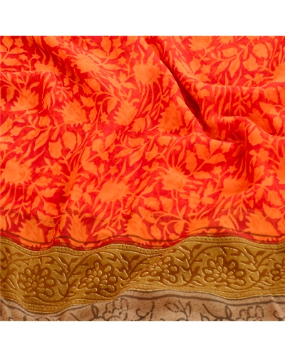 Sanskriti Vintage Orange Sarees Poly Georgette Silk Printed Sari Craft Fabric, PRG-11416-Orange-Printed Floral Design-Poly Georgette Silk-6