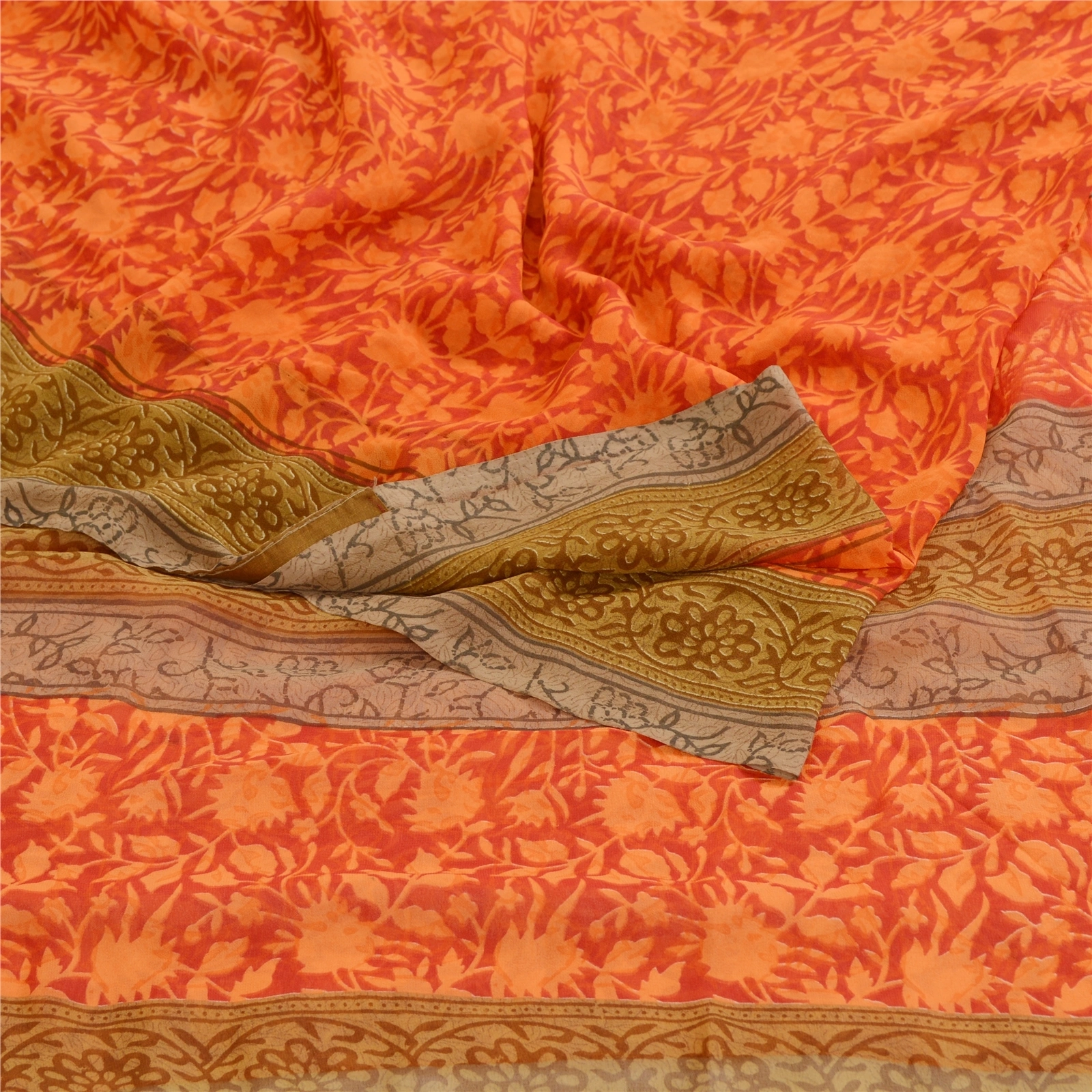 Sanskriti Vintage Orange Sarees Poly Georgette Silk Printed Sari Craft Fabric, PRG-11416-Orange-Printed Floral Design-Poly Georgette Silk-7