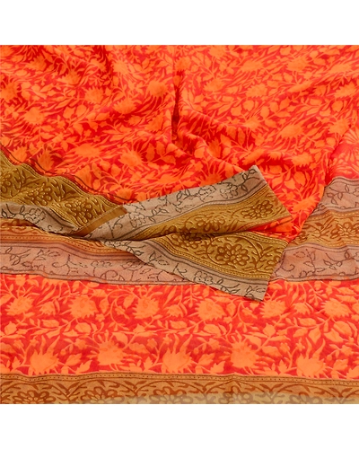 Sanskriti Vintage Orange Sarees Poly Georgette Silk Printed Sari Craft Fabric, PRG-11416-Orange-Printed Floral Design-Poly Georgette Silk-7
