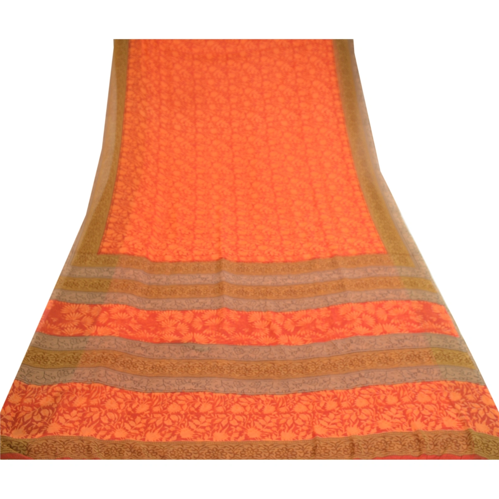 Sanskriti Vintage Orange Sarees Poly Georgette Silk Printed Sari Craft Fabric, PRG-11416-Orange-Printed Floral Design-Poly Georgette Silk-8