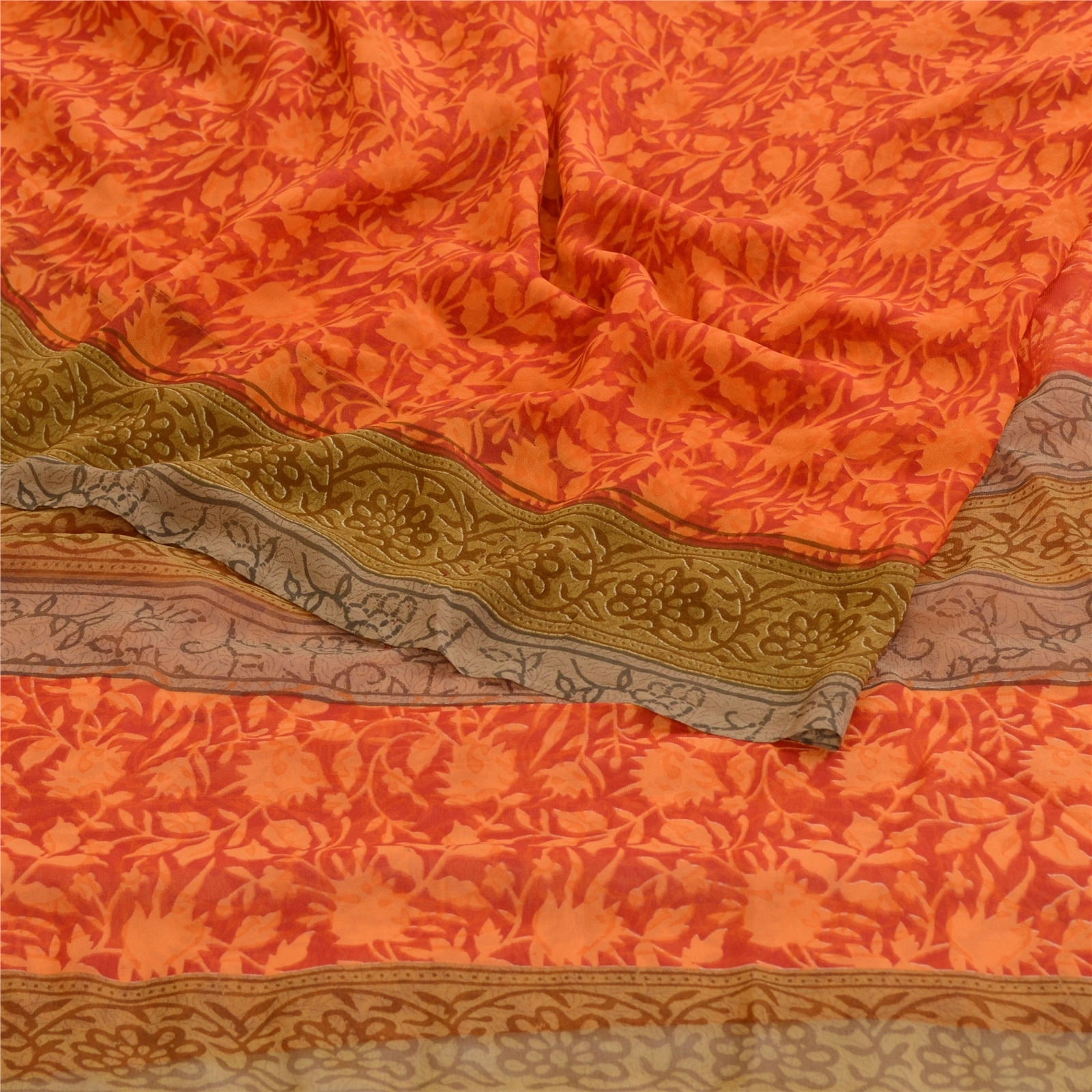 Sanskriti Vintage Orange Sarees Poly Georgette Silk Printed Sari Craft Fabric, PRG-11416-Orange-Printed Floral Design-Poly Georgette Silk-9