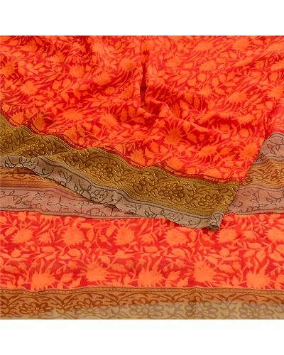 Sanskriti Vintage Orange Sarees Poly Georgette Silk Printed Sari Craft Fabric, PRG-11416-Orange-Printed Floral Design-Poly Georgette Silk-9