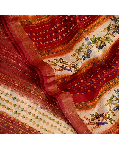 Sanskriti Vintage Dark Red Sarees Poly Georgette Silk Printed Sari Craft Fabric, PRG-11417-Dark Red-Printed Floral Design-Poly Georgette-1