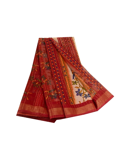 Sanskriti Vintage Dark Red Sarees Poly Georgette Silk Printed Sari Craft Fabric, PRG-11417-Dark Red-Printed Floral Design-Poly Georgette-2