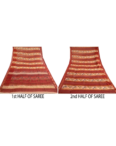 Sanskriti Vintage Dark Red Sarees Poly Georgette Silk Printed Sari Craft Fabric, PRG-11417-Dark Red-Printed Floral Design-Poly Georgette-5