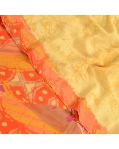 Sanskriti Vintage Yellow Saree Pure Georgette Silk Printed Sari 5Yd Craft Fabric, PRG-11426-Yellow-Printed Floral Design-Pure Georgette Silk-1