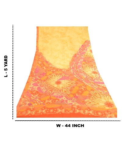 Sanskriti Vintage Yellow Saree Pure Georgette Silk Printed Sari 5Yd Craft Fabric, PRG-11426-Yellow-Printed Floral Design-Pure Georgette Silk-3