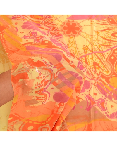 Sanskriti Vintage Yellow Saree Pure Georgette Silk Printed Sari 5Yd Craft Fabric, PRG-11426-Yellow-Printed Floral Design-Pure Georgette Silk-4