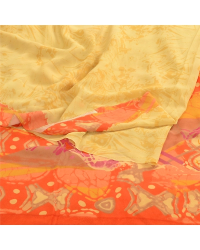Sanskriti Vintage Yellow Saree Pure Georgette Silk Printed Sari 5Yd Craft Fabric, PRG-11426-Yellow-Printed Floral Design-Pure Georgette Silk-7