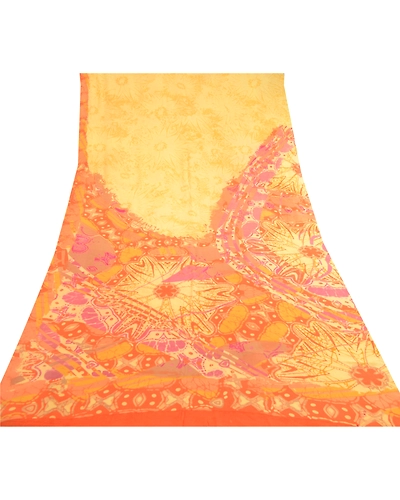 Sanskriti Vintage Yellow Saree Pure Georgette Silk Printed Sari 5Yd Craft Fabric, PRG-11426-Yellow-Printed Floral Design-Pure Georgette Silk-8