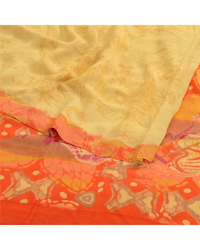 Sanskriti Vintage Yellow Saree Pure Georgette Silk Printed Sari 5Yd Craft Fabric, PRG-11426-Yellow-Printed Floral Design-Pure Georgette Silk-9