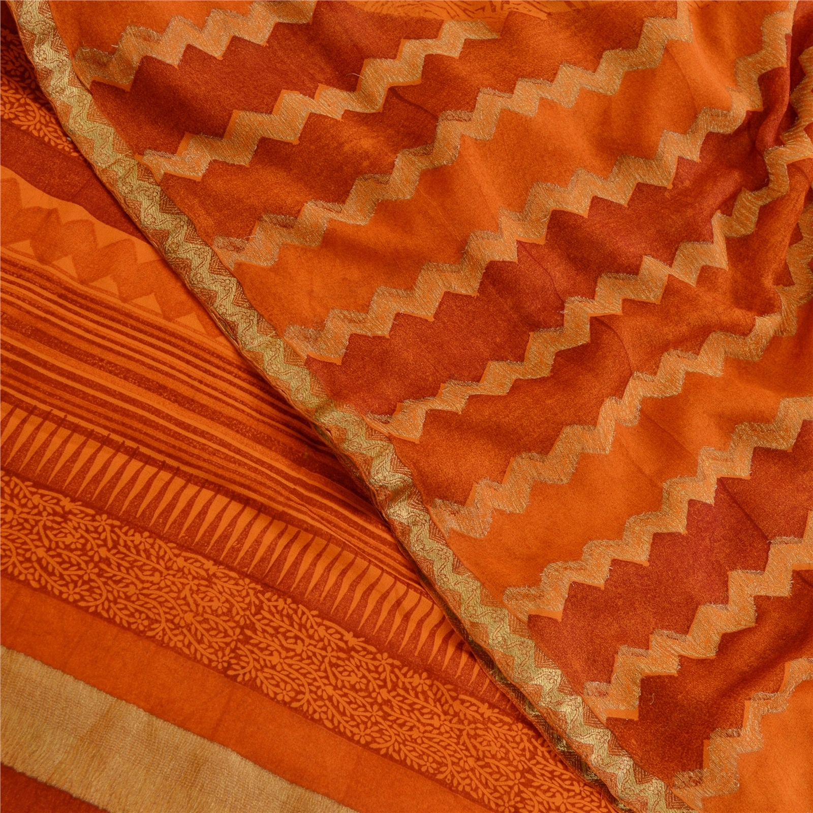 Sanskriti Vintage Sarees Saffron Pure Georgette Silk Printed Sari Craft Fabric, PRG-11428-Saffron-Printed Floral Design-Pure Georgette Silk-1