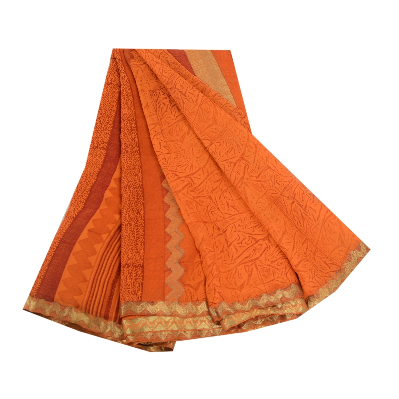 Sanskriti Vintage Sarees Saffron Pure Georgette Silk Printed Sari Craft Fabric, PRG-11428-Saffron-Printed Floral Design-Pure Georgette Silk-2