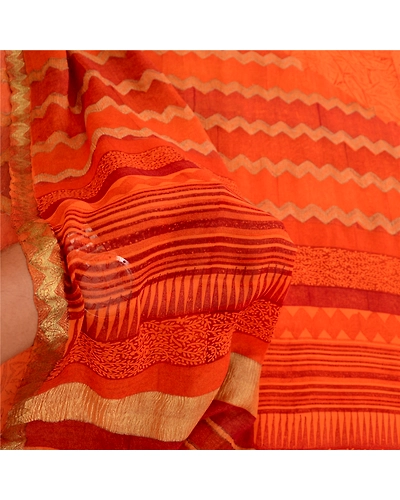 Sanskriti Vintage Sarees Saffron Pure Georgette Silk Printed Sari Craft Fabric, PRG-11428-Saffron-Printed Floral Design-Pure Georgette Silk-4