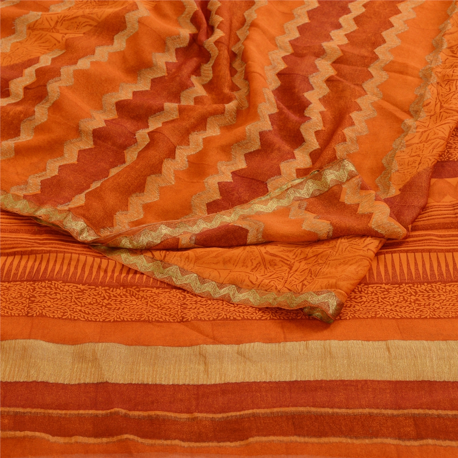 Sanskriti Vintage Sarees Saffron Pure Georgette Silk Printed Sari Craft Fabric, PRG-11428-Saffron-Printed Floral Design-Pure Georgette Silk-7