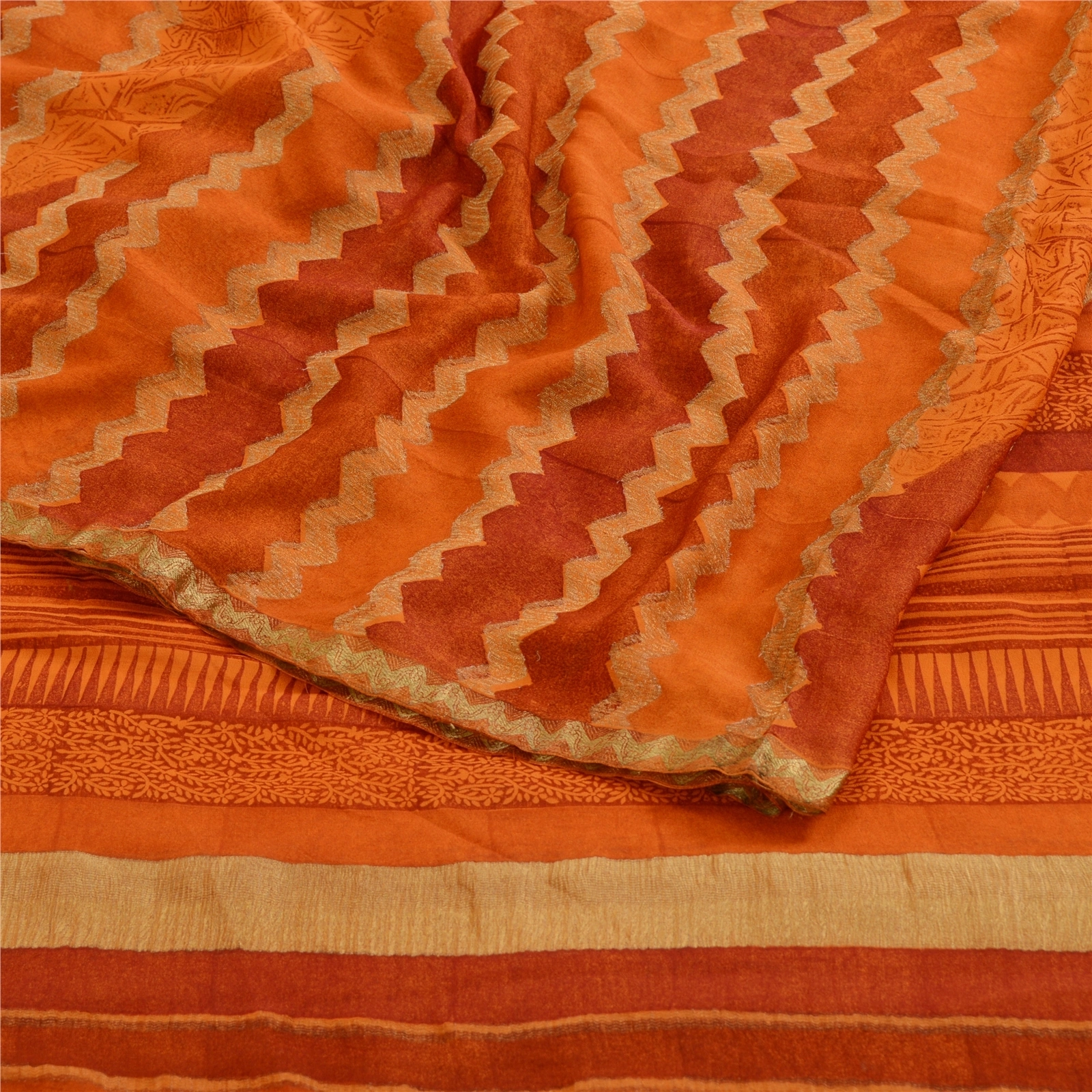 Sanskriti Vintage Sarees Saffron Pure Georgette Silk Printed Sari Craft Fabric, PRG-11428-Saffron-Printed Floral Design-Pure Georgette Silk-9