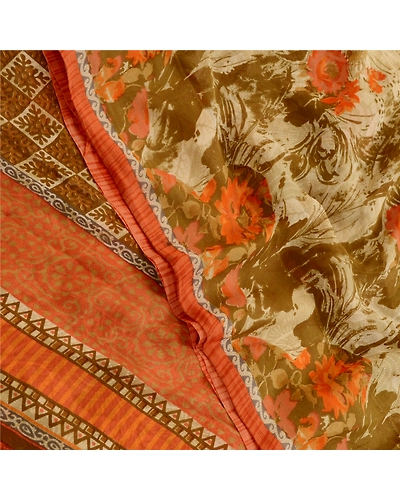 Sanskriti Vintage Sarees Olive Green Pure Georgette Silk Print Sari Craft Fabric, PRG-11439-Olive Green-Printed Floral Design-Pure Georgette Silk-1