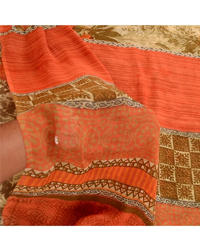 Sanskriti Vintage Sarees Olive Green Pure Georgette Silk Print Sari Craft Fabric, PRG-11439-Olive Green-Printed Floral Design-Pure Georgette Silk-4