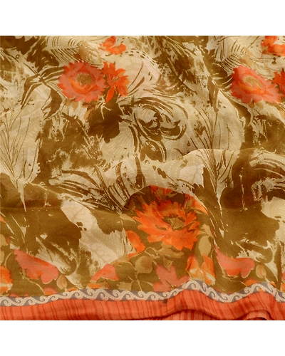 Sanskriti Vintage Sarees Olive Green Pure Georgette Silk Print Sari Craft Fabric, PRG-11439-Olive Green-Printed Floral Design-Pure Georgette Silk-6