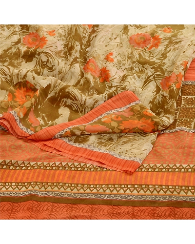 Sanskriti Vintage Sarees Olive Green Pure Georgette Silk Print Sari Craft Fabric, PRG-11439-Olive Green-Printed Floral Design-Pure Georgette Silk-7