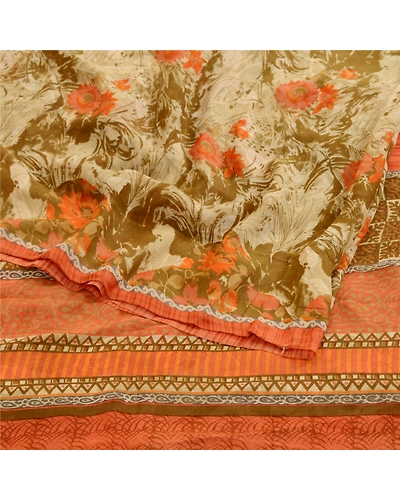 Sanskriti Vintage Sarees Olive Green Pure Georgette Silk Print Sari Craft Fabric, PRG-11439-Olive Green-Printed Floral Design-Pure Georgette Silk-9