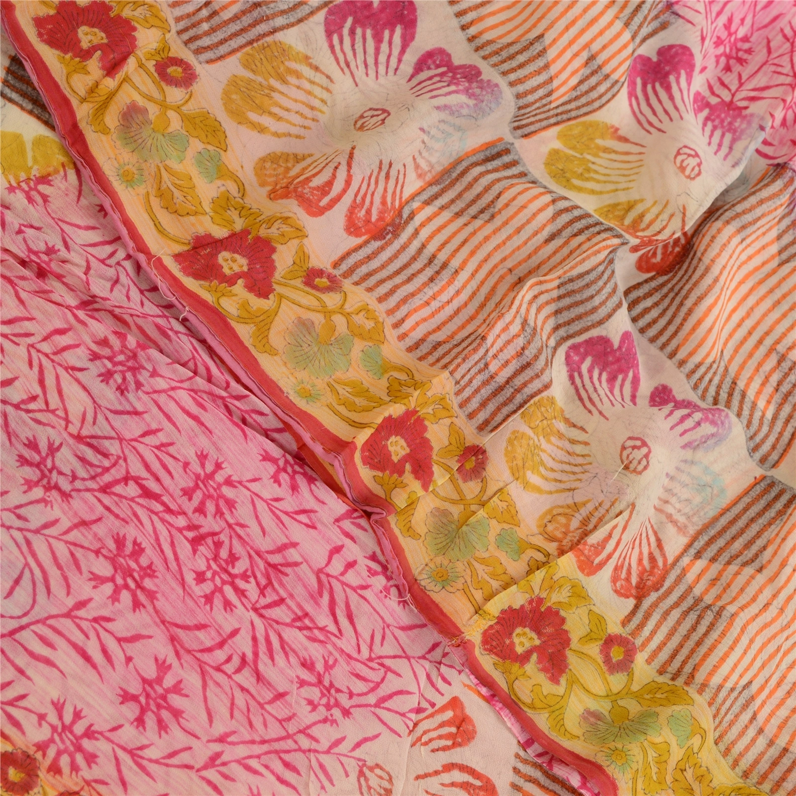 Sanskriti Vintage Sarees Pink Indian Blend Georgette Printed Sari Craft Fabric, PRG-11444-Pink-Printed Floral Design-Blend Georgette-1