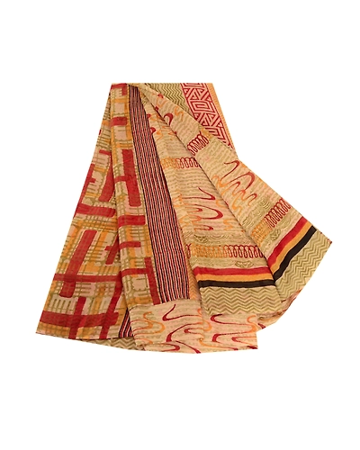 Sanskriti Vintage Sarees Cream Pure Georgette Silk Printed Sari 5Yd Craft Fabric, PRG-11450-Cream-Printed Floral Design-Pure Georgette Silk-2
