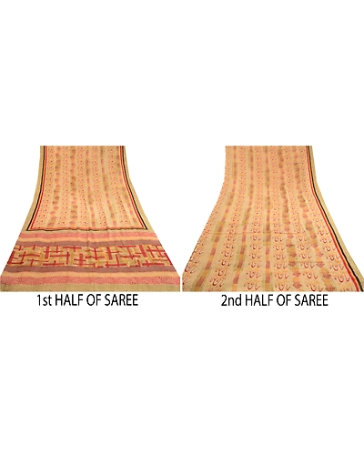 Sanskriti Vintage Sarees Cream Pure Georgette Silk Printed Sari 5Yd Craft Fabric, PRG-11450-Cream-Printed Floral Design-Pure Georgette Silk-5