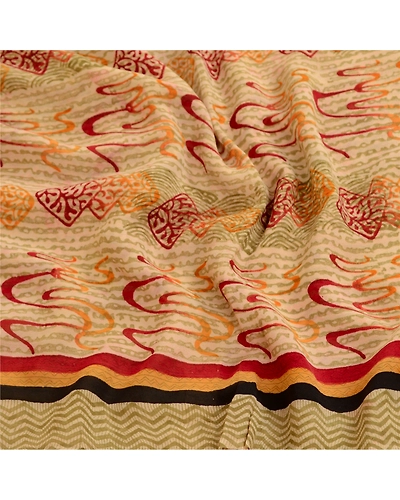 Sanskriti Vintage Sarees Cream Pure Georgette Silk Printed Sari 5Yd Craft Fabric, PRG-11450-Cream-Printed Floral Design-Pure Georgette Silk-6