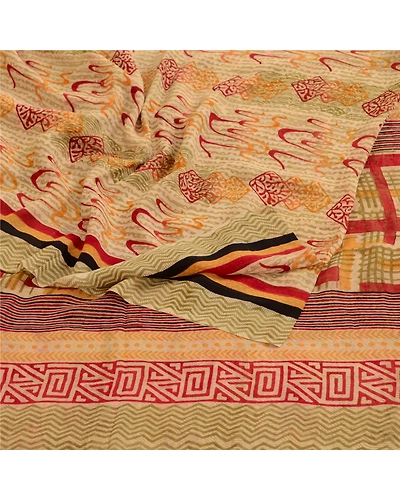 Sanskriti Vintage Sarees Cream Pure Georgette Silk Printed Sari 5Yd Craft Fabric, PRG-11450-Cream-Printed Floral Design-Pure Georgette Silk-7