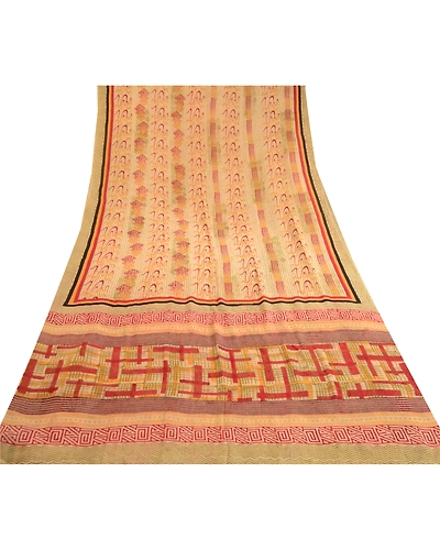 Sanskriti Vintage Sarees Cream Pure Georgette Silk Printed Sari 5Yd Craft Fabric, PRG-11450-Cream-Printed Floral Design-Pure Georgette Silk-8