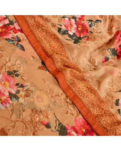 Sanskriti Vintage Sarees Caramel Georgette Digital Printed Sari 5Yd Craft Fabric, PRG-11469-Caramels-Printed Floral Design-Poly Georgette-1