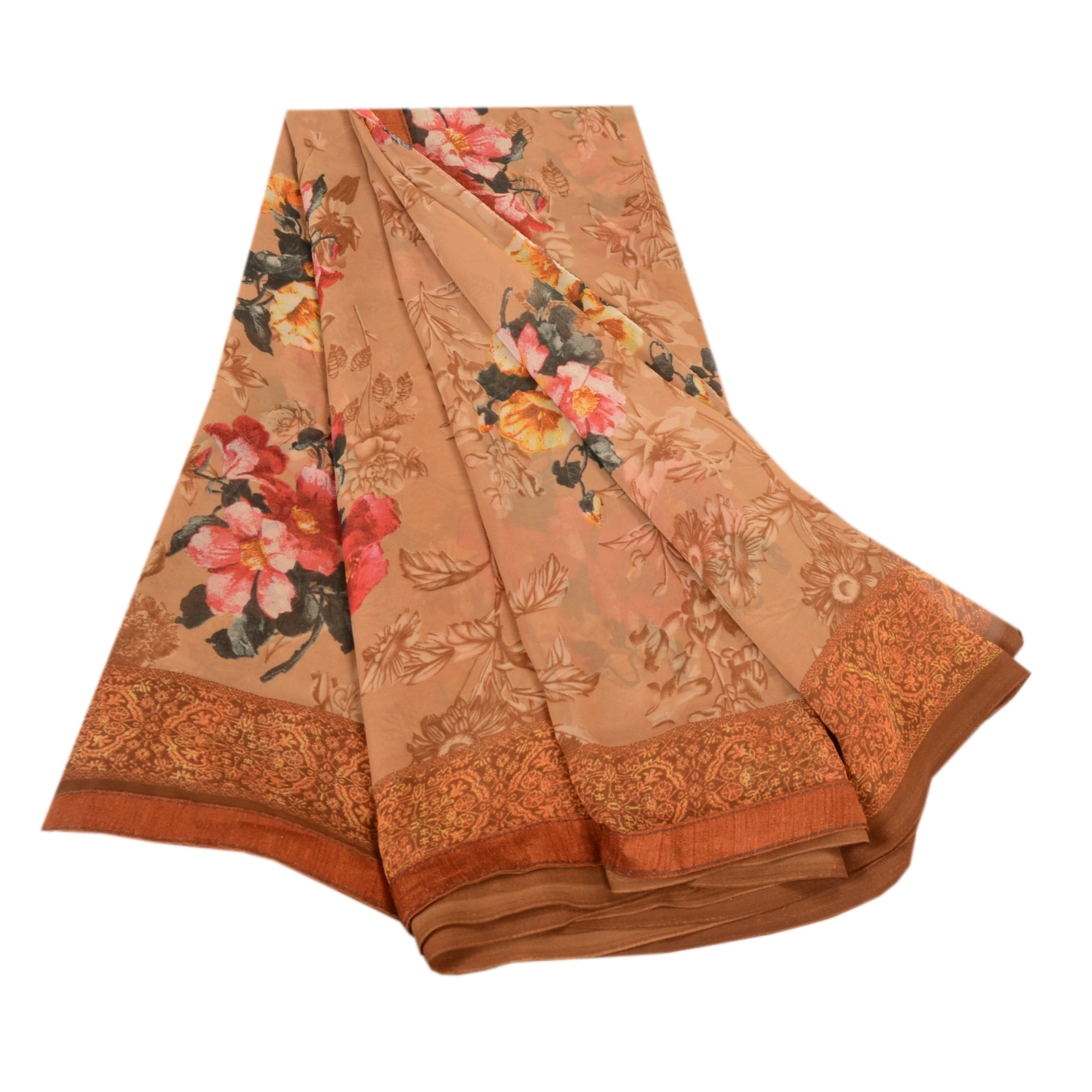 Sanskriti Vintage Sarees Caramel Georgette Digital Printed Sari 5Yd Craft Fabric, PRG-11469-Caramels-Printed Floral Design-Poly Georgette-2