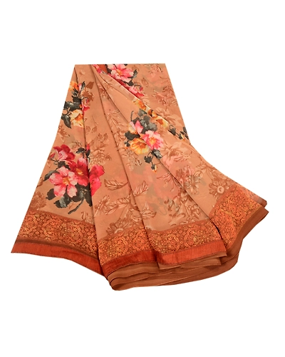 Sanskriti Vintage Sarees Caramel Georgette Digital Printed Sari 5Yd Craft Fabric, PRG-11469-Caramels-Printed Floral Design-Poly Georgette-2