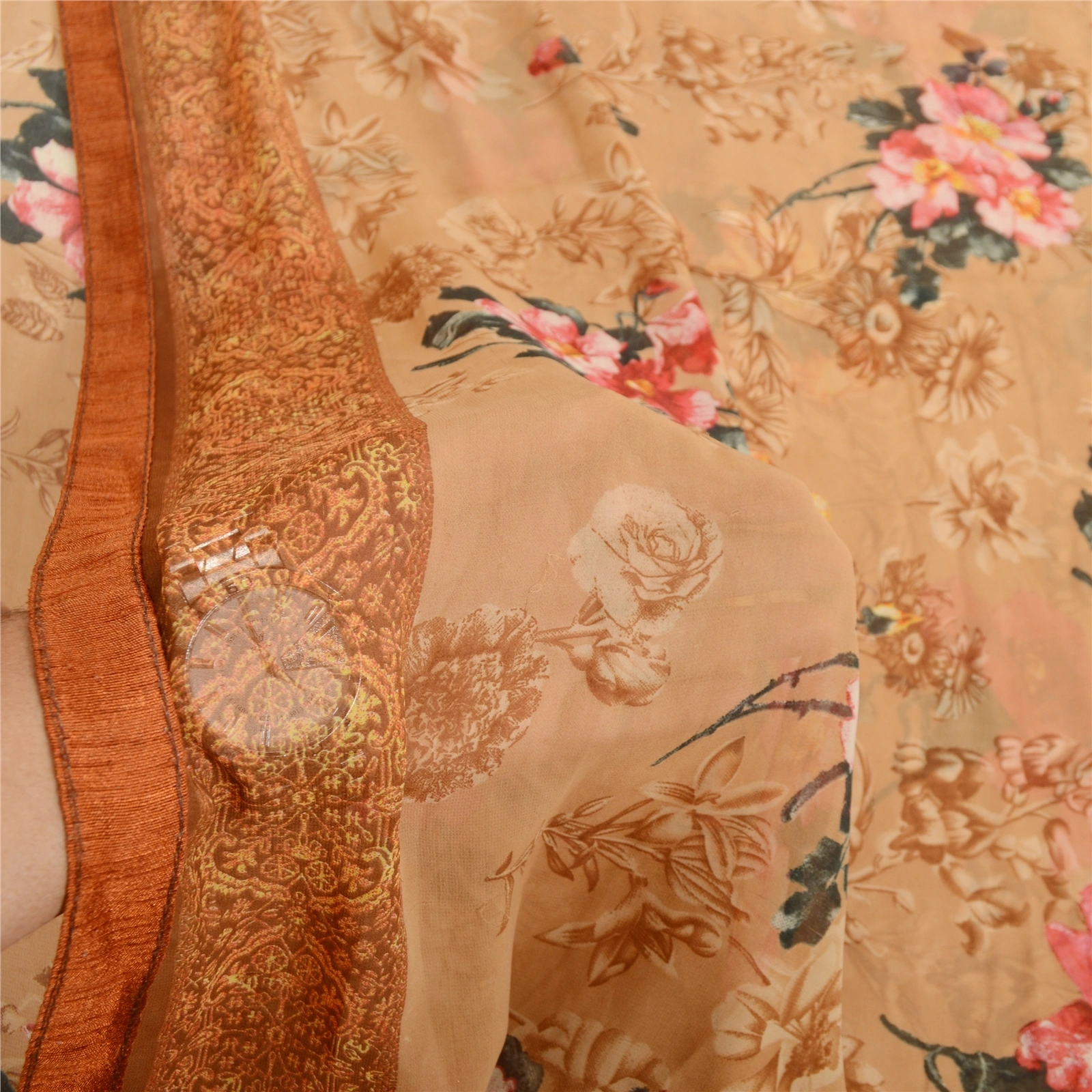 Sanskriti Vintage Sarees Caramel Georgette Digital Printed Sari 5Yd Craft Fabric, PRG-11469-Caramels-Printed Floral Design-Poly Georgette-4