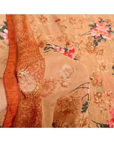 Sanskriti Vintage Sarees Caramel Georgette Digital Printed Sari 5Yd Craft Fabric, PRG-11469-Caramels-Printed Floral Design-Poly Georgette-4