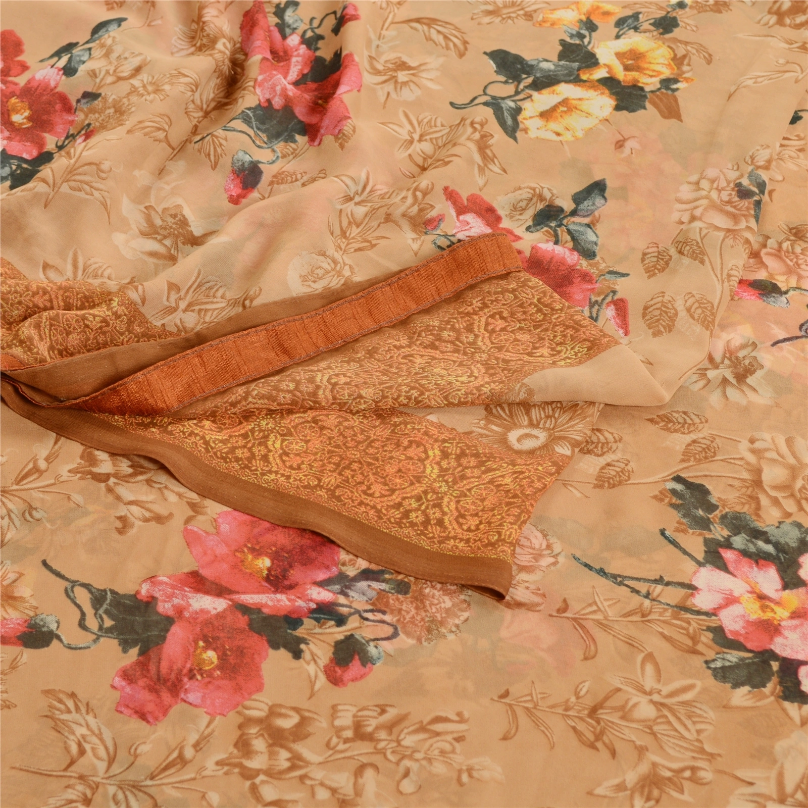 Sanskriti Vintage Sarees Caramel Georgette Digital Printed Sari 5Yd Craft Fabric, PRG-11469-Caramels-Printed Floral Design-Poly Georgette-7