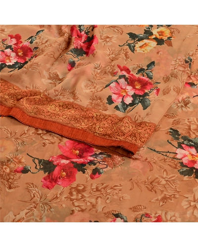 Sanskriti Vintage Sarees Caramel Georgette Digital Printed Sari 5Yd Craft Fabric, PRG-11469-Caramels-Printed Floral Design-Poly Georgette-9