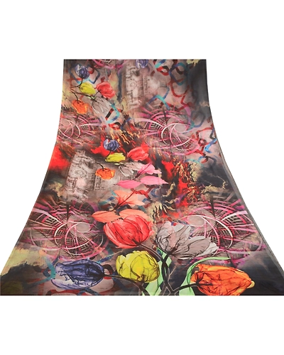 Sanskriti Vintage Sarees Black Digital Printed Georgette Sari 5Yd Craft Fabric, PRG-11481-Black-Printed Floral Design-Poly Georgette-8