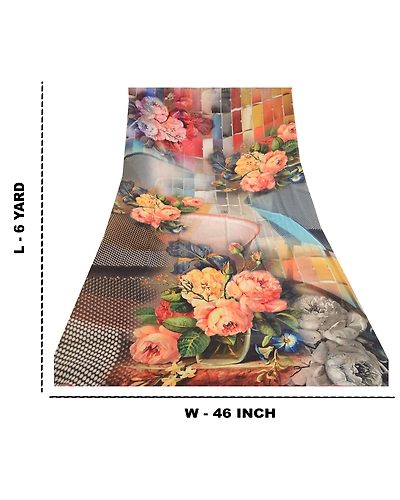 Sanskriti Vintage Sarees Gray Digital Printed Georgette Soft Sari Craft Fabric, PRG-11510-Gray-Printed Floral Design-Poly Georgette-3