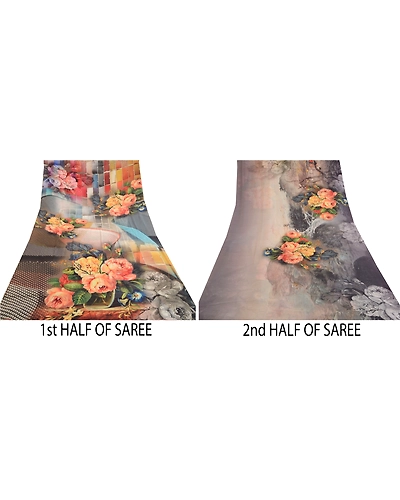 Sanskriti Vintage Sarees Gray Digital Printed Georgette Soft Sari Craft Fabric, PRG-11510-Gray-Printed Floral Design-Poly Georgette-5