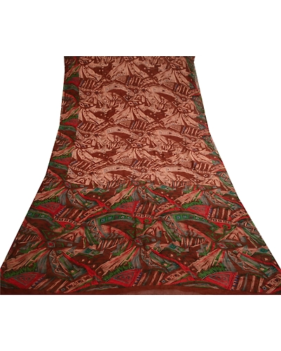 Sanskriti Vintage Sarees Brown Printed Pure Chiffon Silk Sari 5Yd Craft Fabric, PRG-11511-Brown-Printed Floral Design-Pure Chiffon Silk-8