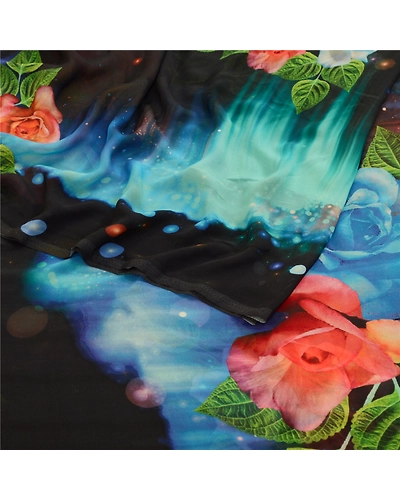 Sanskriti Vintage Sarees Black Digital Printed Georgette Sari Soft Craft Fabric, PRG-11522-Multi-Printed Floral Design-Poly Georgette-7